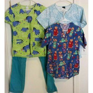 4 Piece Women's XS Scrub Lot/Set Eeyore, Koi Pants, Blue Lace, Medical Bears